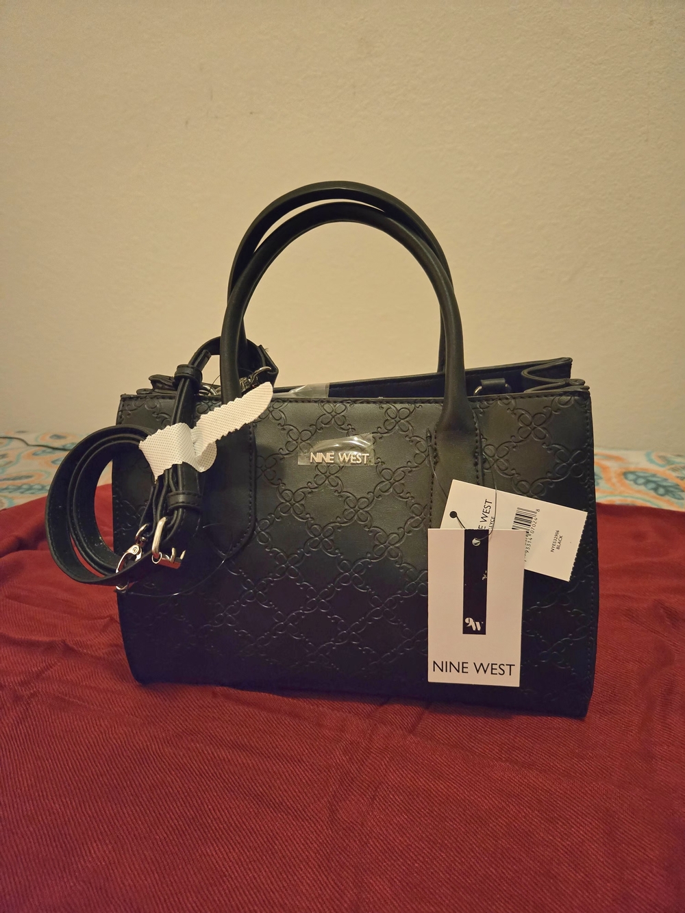 Nine West Black Embossed Top-Handle Satchel with Strap